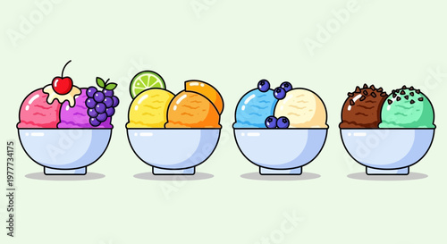 Set of four bowls with different flavors of ice cream scoops and fruit toppings