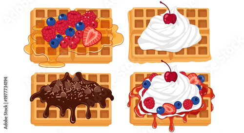 Set of delicious waffles with various toppings like berries, cream and chocolate