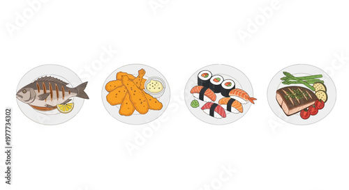 Set of various seafood dishes including grilled fish, fried shrimp, and sushi