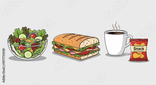 Healthy lunch set with fresh salad, sandwich, coffee and snack bag