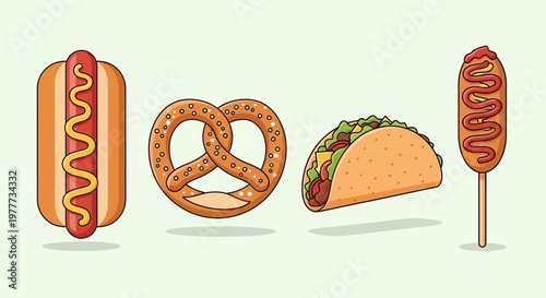 Set of popular fast food items including hot dog, pretzel, taco and corn dog