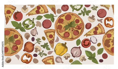 Minimal Pizza Seamless Pattern Italian Food Outline Vector