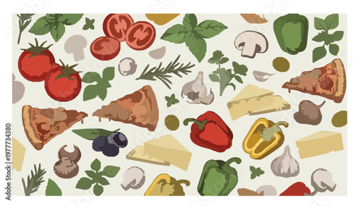 Italian Pizza Seamless Pattern Hand Drawn Food Vector Illustration