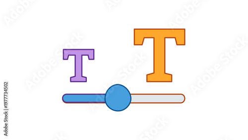 Minimalist vector icon illustration of a typography font size adjustment slider featuring two letter T characters in purple and orange, representing text scaling and UI design for applications.