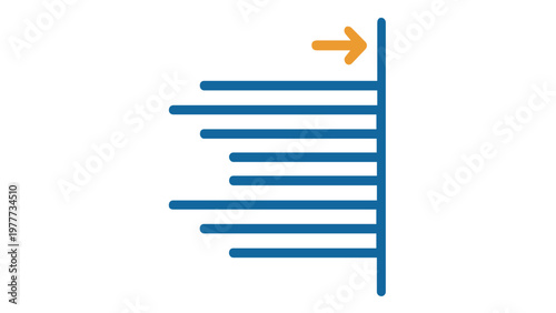 Flat minimalist vector illustration of a right alignment typography icon with blue horizontal text lines and an orange arrow pointing to a vertical margin, ideal for UI design and web layout.