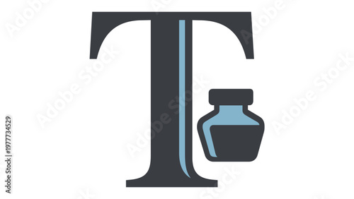 Minimalist flat vector illustration of a stylized capital letter T paired with a classic inkwell icon, representing typography, calligraphy, graphic design, publishing, and creative writing art.