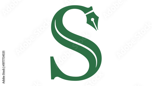 Professional green letter S vector icon illustration featuring a fountain pen nib and organic leaf shape. Minimalist flat design for creative writing, blogging, or eco-friendly brand identity.