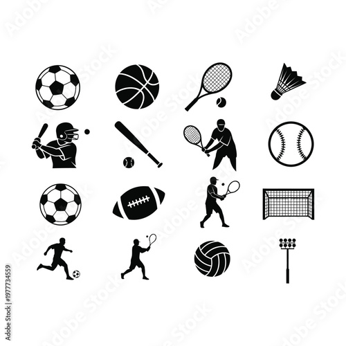 Collection of various sports icons and equipment on white background