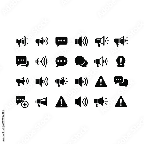 Set of black icons for communication and alert symbols on white background