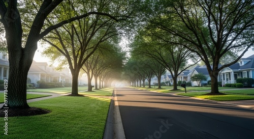 A serene suburban street lined with tall trees. Morning light filters through the leaves, illuminating the quiet neighborhood. Well-maintained lawns and houses are visible.