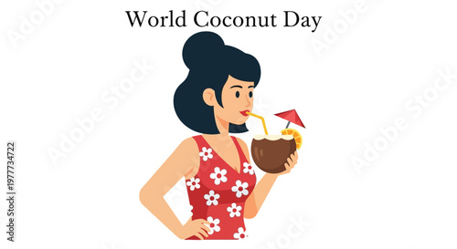 Woman enjoying a refreshing coconut drink illustrated in a bright and colorful style celebrating world coconut day