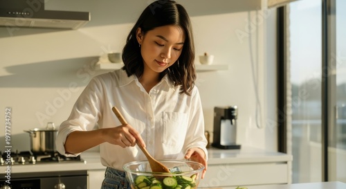 A young Asian woman with shoulder-length black hair prepares a cucumber salad in a modern kitchen. She mixes fresh ingredients in a glass bowl with a wooden spoon.