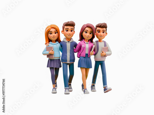 Group of cheerful teenage students walking together and holding books in this engaging 3d character animation motion video