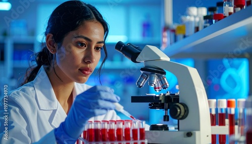 Female scientist analyzing blood samples in laboratory for World Malaria Day awareness, medical research photography