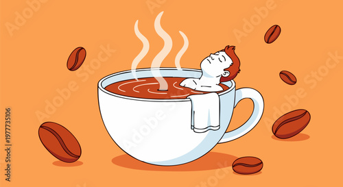 Surreal coffee break illustration, man relaxing in a giant hot coffee cup, caffeine energy and morning routine concept, flat vector art on orange background