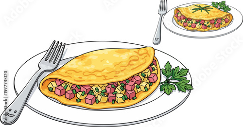 Hand drawn omelet with ham and cheese on a plate, breakfast egg dish vector illustration, cartoon style omelette with fork and parsley garnish