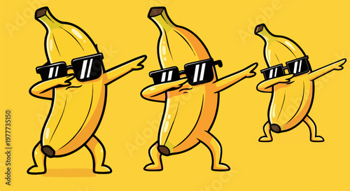 Funny banana cartoon character dabbing, cool fruit mascot wearing sunglasses, humorous yellow banana vector illustration for stickers and apparel