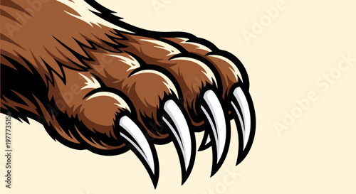 Grizzly bear paw with sharp claws vector illustration, brown furry animal foot mascot, powerful predator wildlife clawing graphic for sports logo