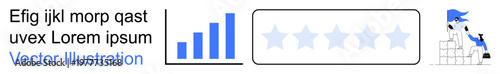 Business growth, data analytics, digital performance, user evaluation, success metrics, corporate progress. Bar chart, rating stars and mountain climber with a flag. Business growth and data
