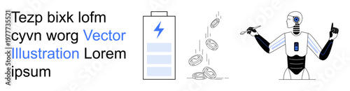 Robotics, renewable energy, technology advancements, artificial intelligence, automation, financial growth. Robot with tools, battery icon and coins. Robotics and renewable energy illustrated