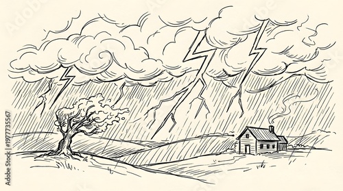 drawing weather house landscape tree storm wind
