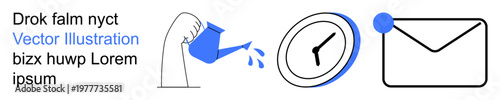 Productivity, project management, idea growth, time tracking, goal setting, digital communication. Watering can pouring over clock and envelope icon. Time tracking and idea growth