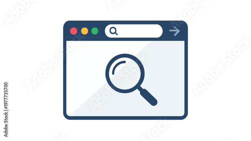 Vector illustration of a web browser window with a magnifying glass icon, representing search engine optimization, online data analysis, and internet browsing in a flat minimalist design style.