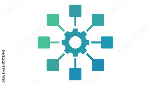 AI-generated flat vector illustration featuring a central gear connected to eight square nodes in a vibrant green and blue gradient, symbolizing web design, system integration, and networking.