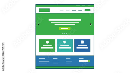 Minimalist flat vector illustration of a professional website homepage interface design icon with a hero image slider and three-column feature section for UI/UX development projects.