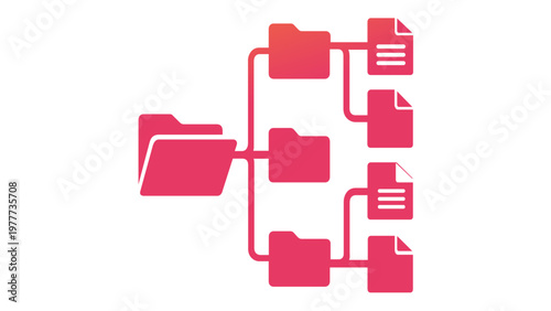 Modern vector illustration of a hierarchical file folder structure and document organization system with a vibrant orange to pink gradient, perfect for web design, data management, and UI.