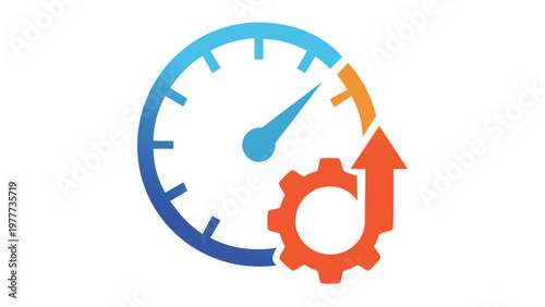 Performance optimization vector icon illustration featuring a blue speedometer and an orange gear with an upward arrow, representing speed, efficiency, and growth for mobile web design.