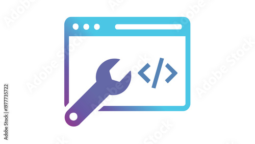 Scalable vector icon illustration of a browser window featuring a wrench and code brackets, symbolizing web development, technical support, website maintenance, and programming services.