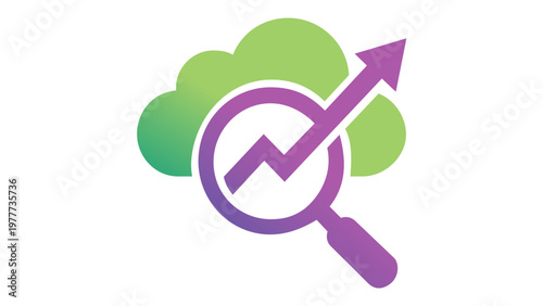 Scalable vector illustration of a cloud computing data analysis icon featuring a magnifying glass with an upward growth arrow graph, representing business intelligence and technology solutions.