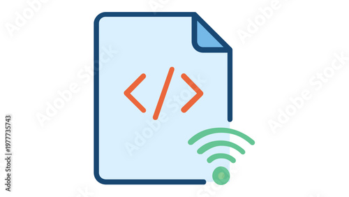 Web accessibility vector icon illustration featuring a digital document with coding brackets and a wireless signal symbol, representing connected web development, programming, and technology.