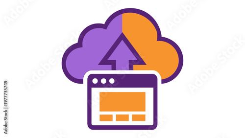 Vector icon illustration of a cloud upload process featuring a browser window and an upward arrow, symbolizing cloud computing, data storage, web content management, and online backup services.