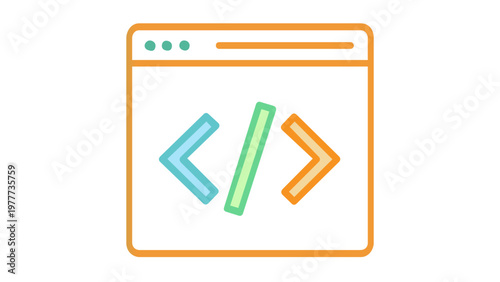 Modern minimalist web development vector icon illustration of a browser window with HTML code tags and a slash symbol, featuring a vibrant blue to orange gradient outline for software engineering.