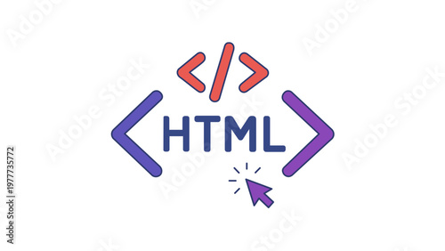 HTML coding vector icon illustration with colorful gradient brackets and mouse cursor, representing web development, software programming, frontend engineering, and digital design concepts.