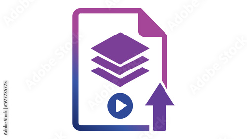 Modern web hosting and cloud storage vector icon illustration featuring a document symbol with stacked data layers, a play button, and an upload arrow in a sleek blue and purple gradient style.