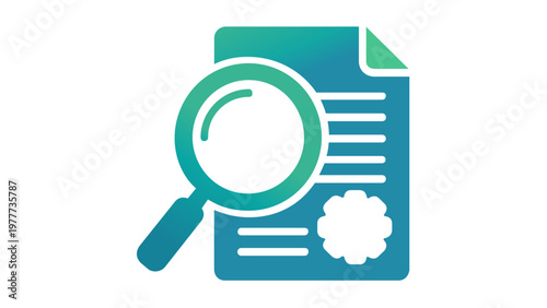 Teal gradient vector illustration of a document with a magnifying glass and a seal, representing web hosting services, domain search, file inspection, audit, and quality assurance certification.