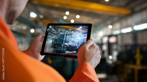 a technician using a digital tablet in a large production workshop, close-up to medium-close framing, foreground dominated by a horizontal tablet held with both hands, screen turne