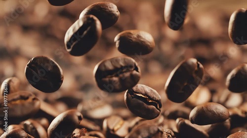 Falling roasted organic coffee beans
