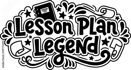 Lesson plan legend phrase with stars notebook and scroll vector art black and white