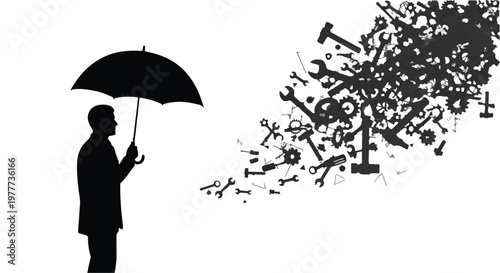 Businessman protected from chaotic tools and objects under umbrella