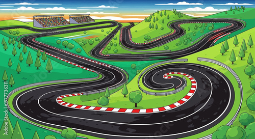 Cartoon Race Track with Grandstands and Green Hills - Exciting Motorsport Adventure