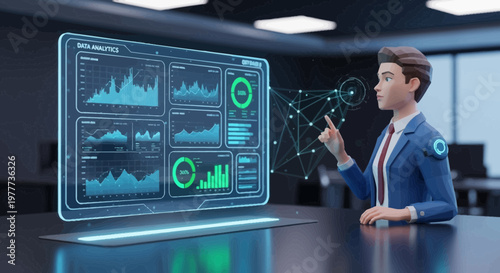 Data Analyst presenting digital dashboard with charts and graphs on futuristic holographic screen