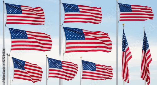 Collection of American Flags Waving in the Wind Against a Blue Sky