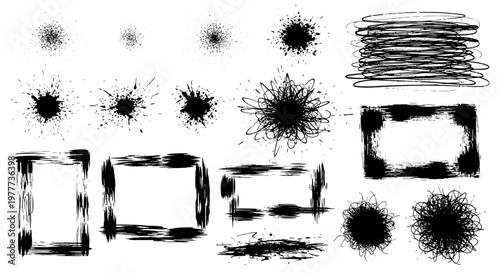 Black ink splatters, brush strokes, and frames on white background - graphic elements