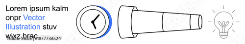 Productivity, innovation, goal setting, time planning, creative strategy, efficiency. Clock, telescope and light bulb elements. Productivity and innovation concepts for planning and creativity