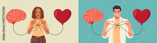 Heart and brain connection. Happy man and woman tie strings from their hearts and brains into bow. Controlling feeling and emotion with logical thinking. Flat hand drawn vector illustration collection