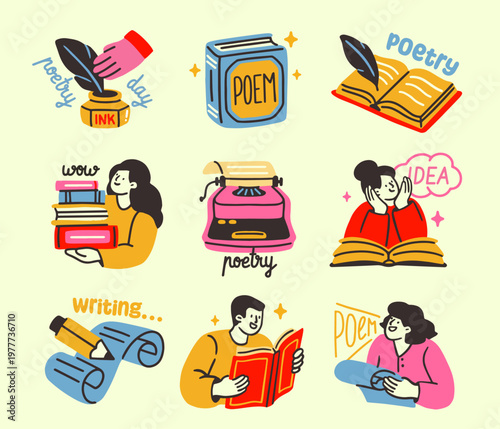 Poetry stickers set. Patches with typewriter, pen, inkwell, books, and poetry fans reading. World Writers Day celebration. Flat hand drawn vector illustration collection isolated on background